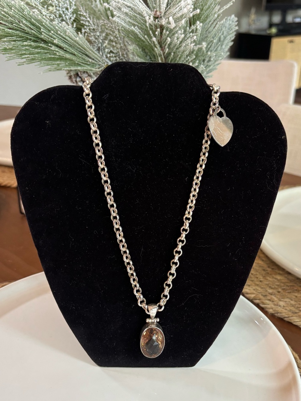 925 Sterling Silver Smoky Quartz Toggle Necklace 18” Rolo Link Charm Heavy 34g
